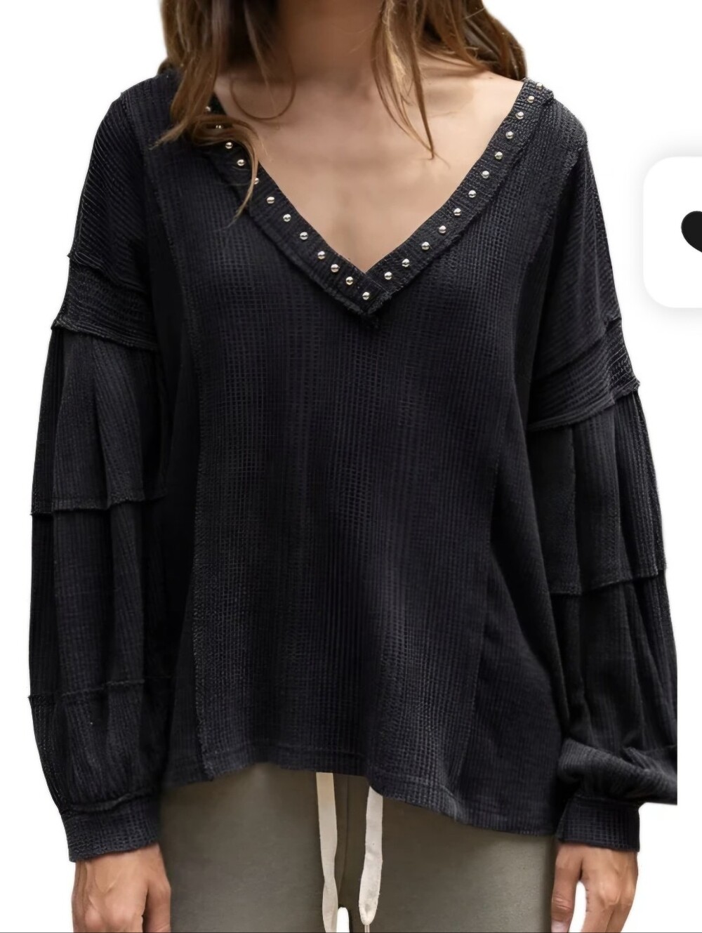POL Charcoal V-Neck Stud-Trim Pullover Sweater Size S